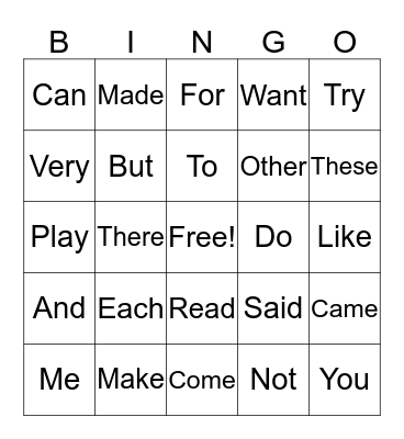 Vocabulary Bingo Card