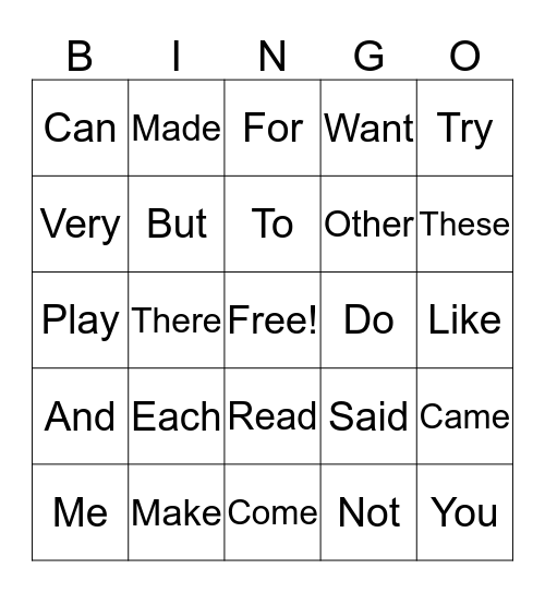 Vocabulary Bingo Card