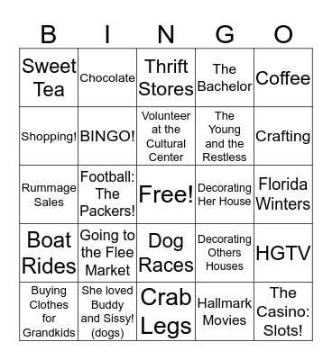 Things Dorinda Enjoyed Bingo Card