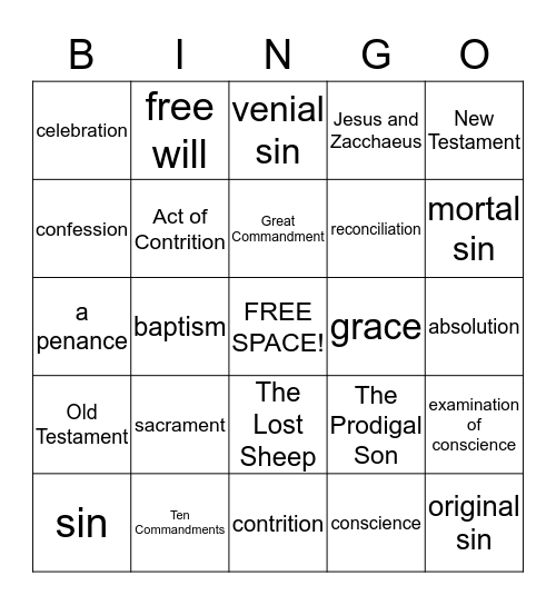 Words about the Sacrament of Reconciliation Bingo Card