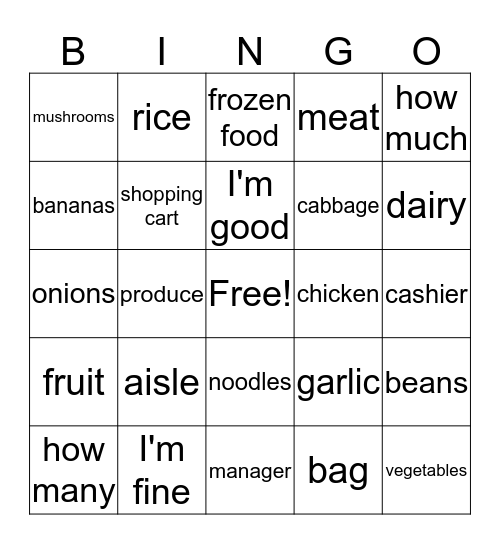 Going Shopping Bingo Card