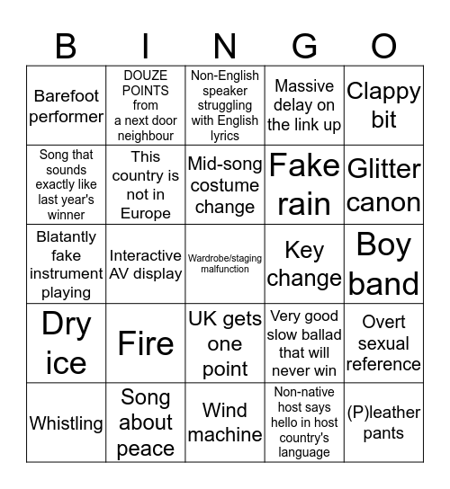 Eurovision Bingo Card