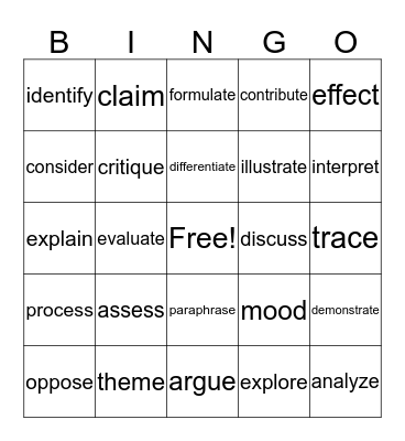 Academic Vocabulary Bingo Card