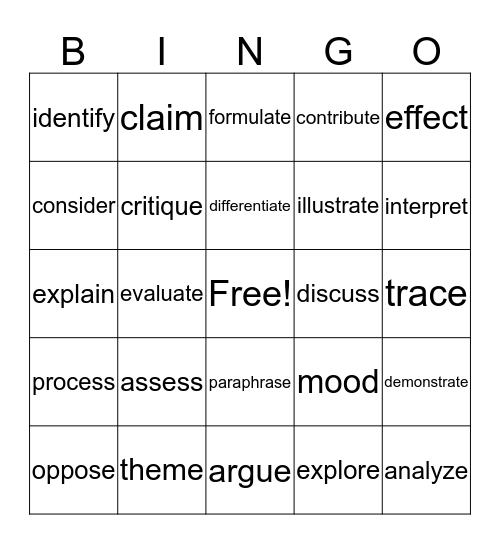 Academic Vocabulary Bingo Card