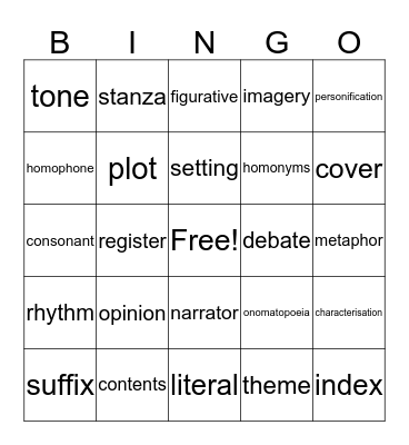 Friday Funday English Bingo Card