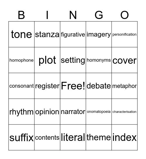 Friday Funday English Bingo Card