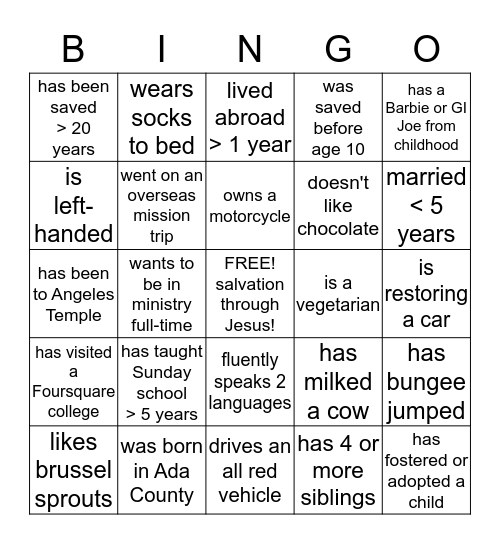 Treasure Valley Worship Center Bingo Card