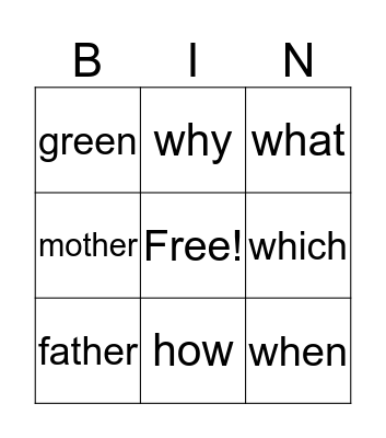 Sight Words Bingo Card