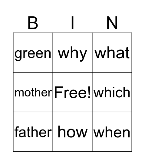 Sight Words Bingo Card