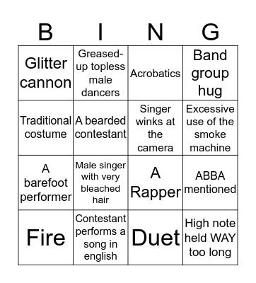 Eurovision Bingo Card