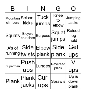 Fitness Bingo Card