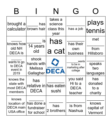 Middle School DECA Bingo Card