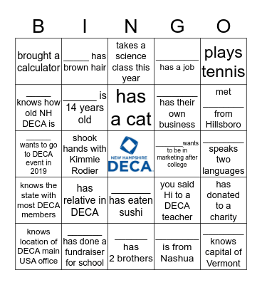 Middle School DECA Bingo Card