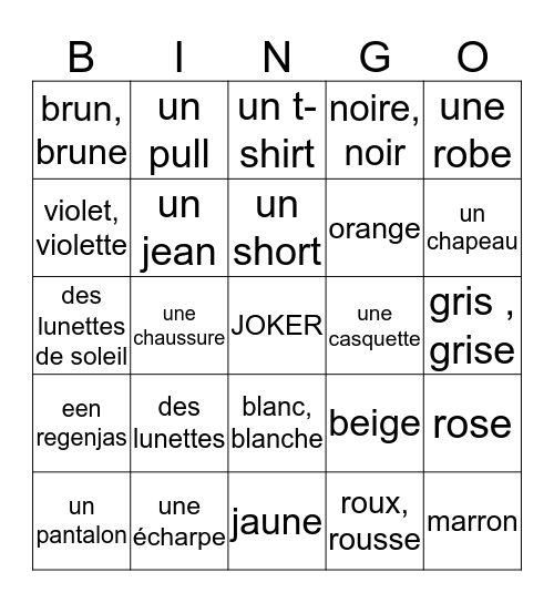 Les vêtements Bingo Card