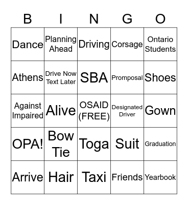 OSAID PRE-PROM AWARENESS Bingo Card