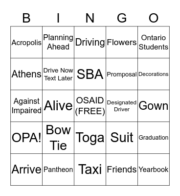 OSAID PRE-PROM AWARENESS Bingo Card