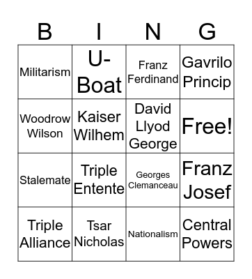 World War I Bingo Card