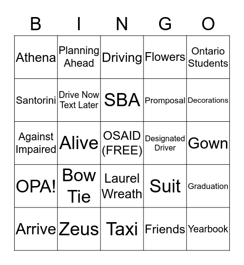 OSAID PRE-PROM AWARENESS Bingo Card