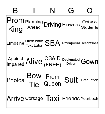 OSAID PRE-PROM AWARENESS Bingo Card