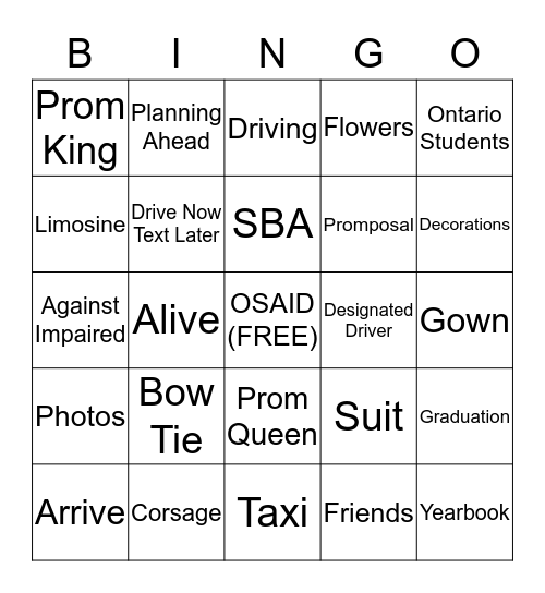 OSAID PRE-PROM AWARENESS Bingo Card
