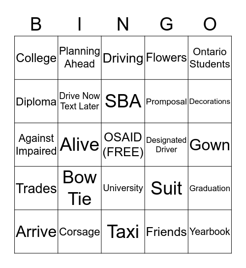 OSAID PRE-PROM AWARENESS Bingo Card