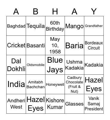 Abhay's 60th Birthday Bingo Card