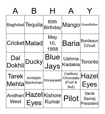 Abhay's 60th Birthday Bingo Card