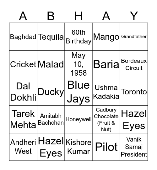 Abhay's 60th Birthday Bingo Card
