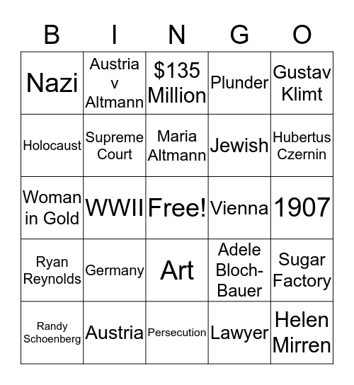 Woman In Gold Bingo Card