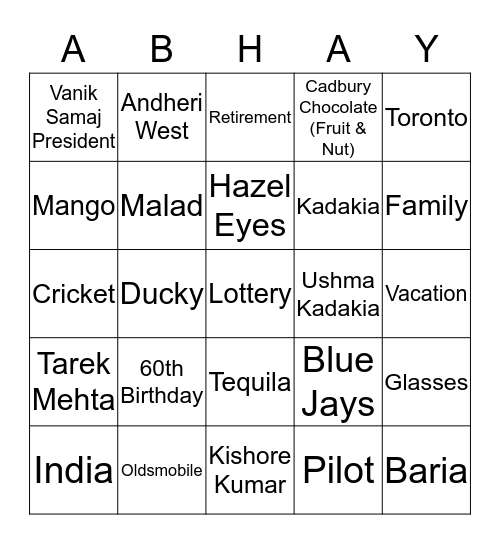 Abhay's 60th Birthday Bingo Card