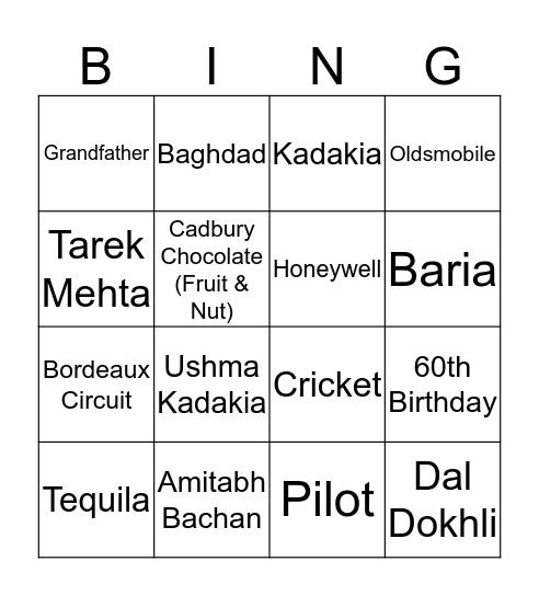 Abhay's 60th Birthday Bingo Card