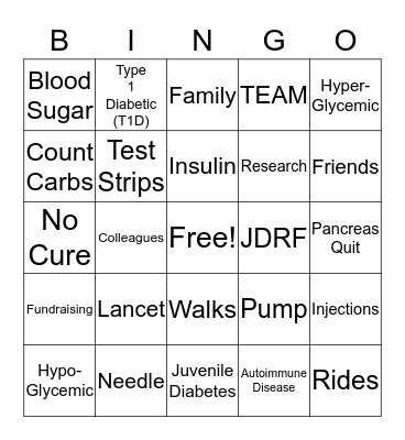 JDRF One Walk BINGO Card