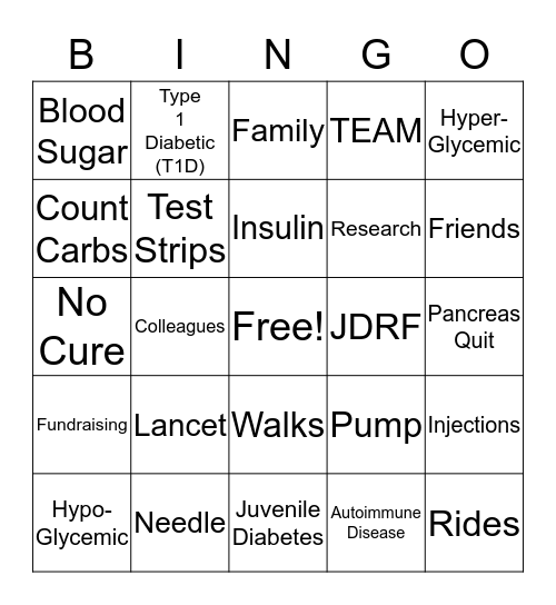 JDRF One Walk BINGO Card