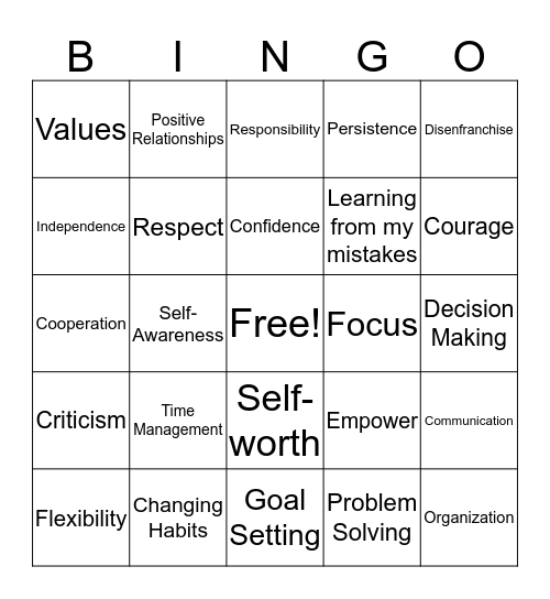 Life Skills Bingo Card