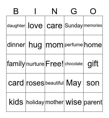 Mothers Day  Bingo Card