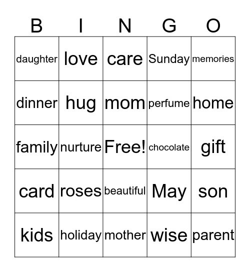 Mothers Day  Bingo Card