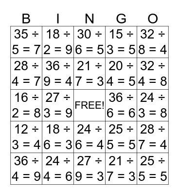 Division Bingo Card