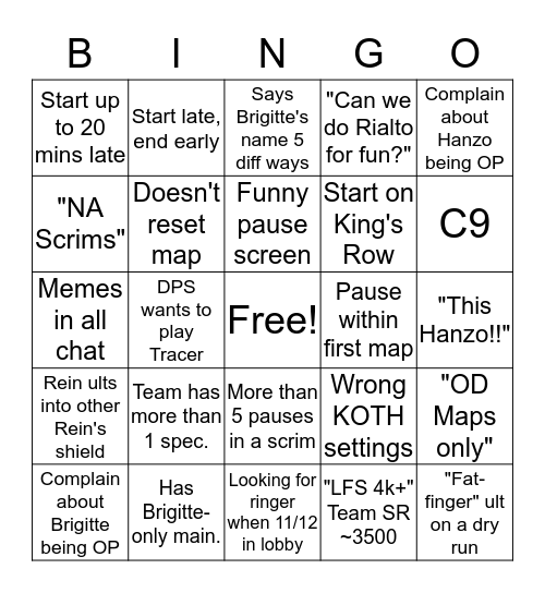 NA Scrims Bingo Season 10 Bingo Card