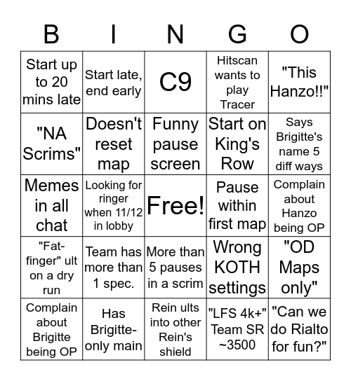 NA Scrims Bingo Season 10 Bingo Card