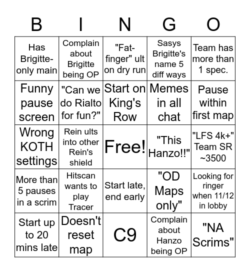 NA Scrims Bingo Season 10 Bingo Card