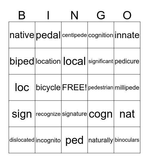 Root Words Unit 2 - Bingo Card