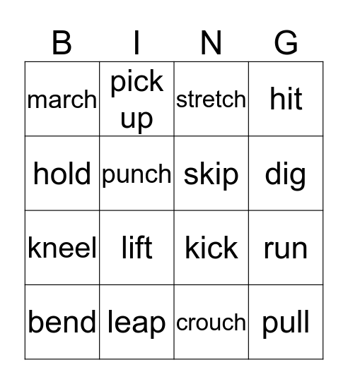 Action Verbs Bingo Card