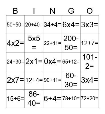 Maths Monkey's Quick Maths Bingo Card