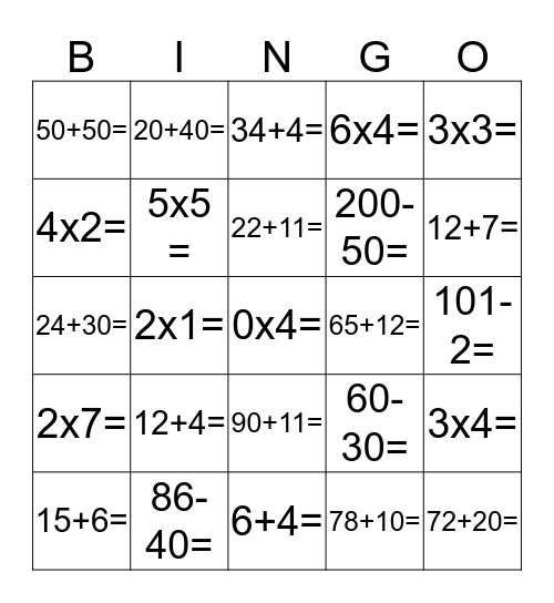 Maths Monkey's Quick Maths Bingo Card