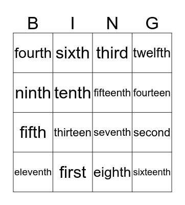 ordinal numbers Bingo Card