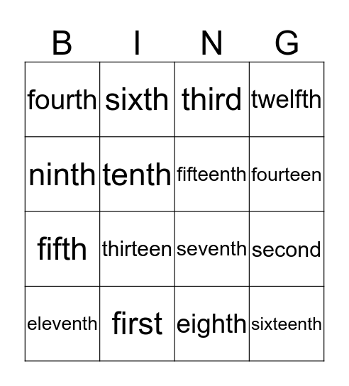 ordinal numbers Bingo Card