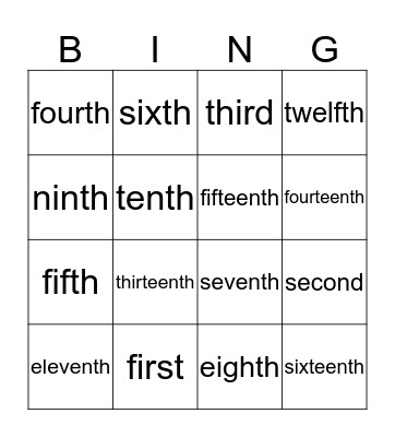 Ordinal Numbers Bingo Card