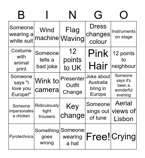 Eurovision 2018 Bingo Card