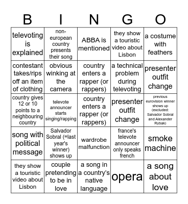 ESN Gent Eurovision Bingo Card