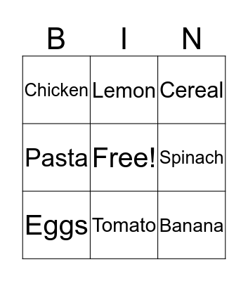 Food Items Bingo Card